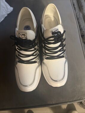 Michael Kors White Sneakers with Silver Panels and Black Accents